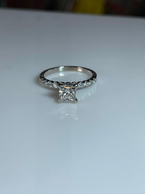 Tiffany set solitaire princess cut diamond engagement ring .97ct 14k white gold