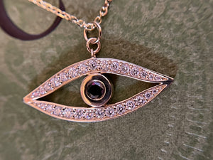 Limited Edition Evil Eye with round black diamond and round diamonds in 14k yellow gold