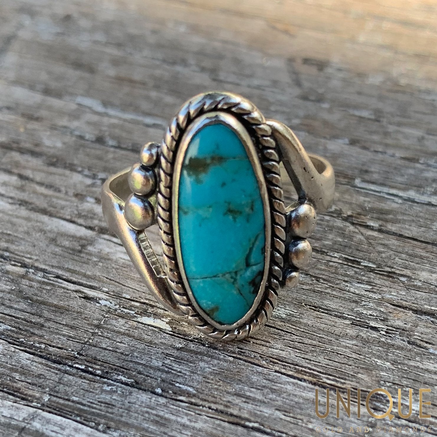 Vintage Sterling Silver Turquoise Ring Unique Gold Diamonds