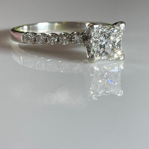 Tiffany set solitaire princess cut diamond engagement ring .97ct 14k white gold