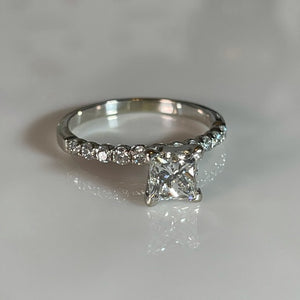 Tiffany set Solitaire Princess Cut Diamond Engagement Ring .97ct 14k white gold