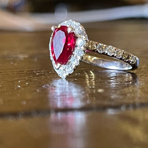 Pear Ruby & Diamond Halo Engagement ring set in 14k white gold