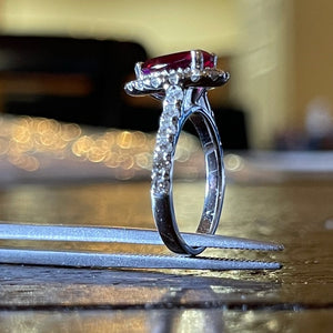 Pear Ruby & Diamond Halo Engagement ring set in 14k white gold