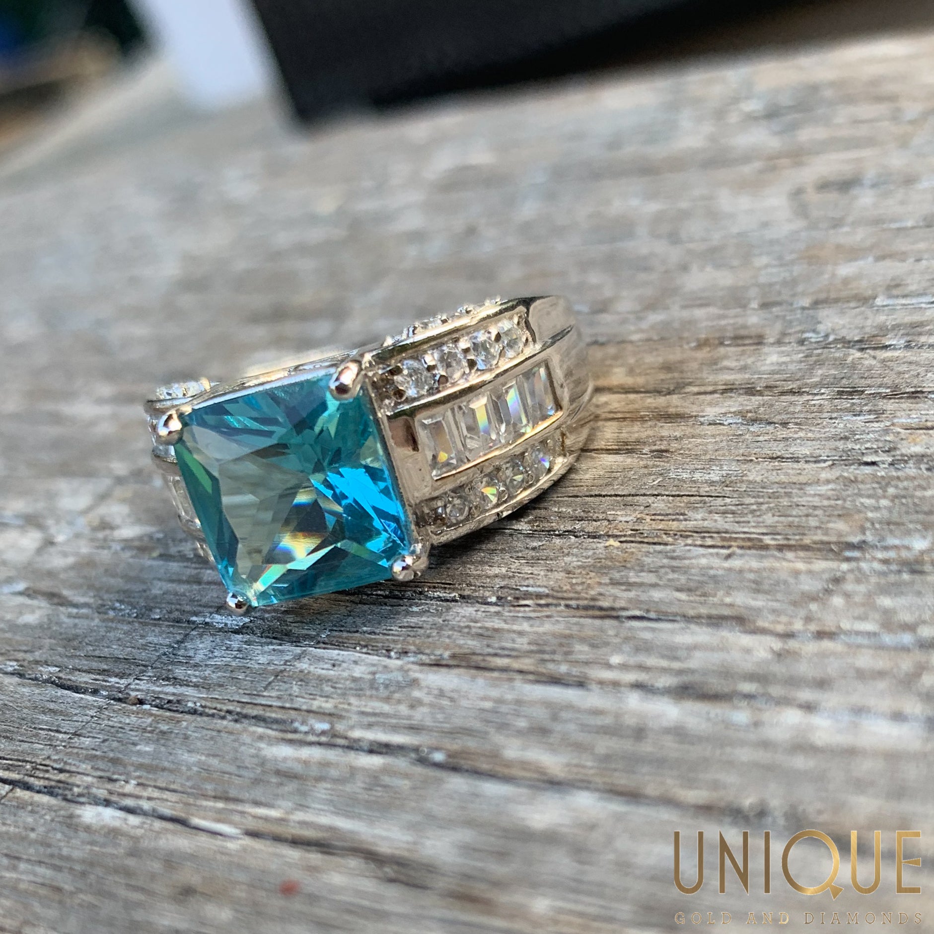 Blue Topaz Silver Ring Vintage Sterling Silver Blue Topaz With CZ