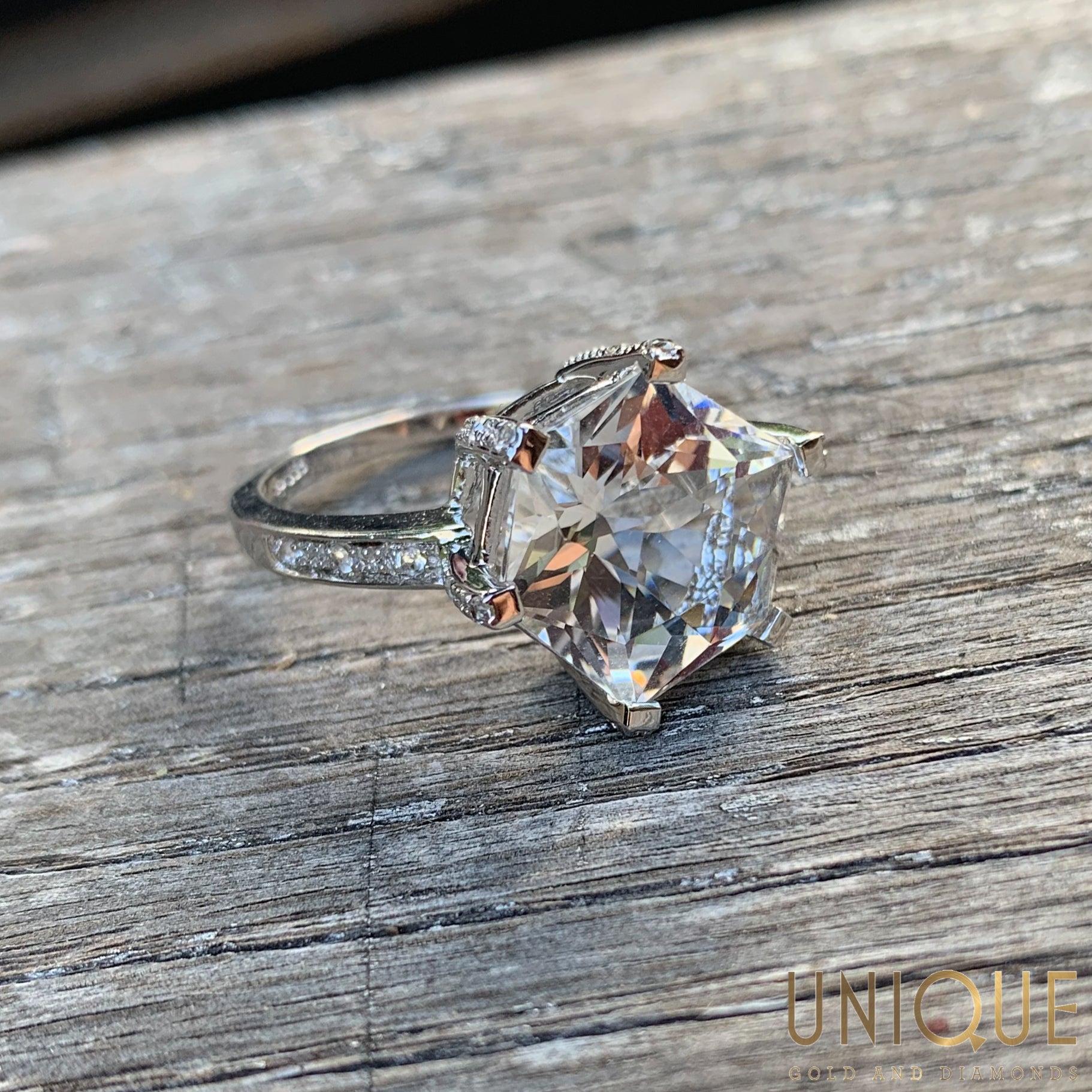 Vintage Sterling Silver CZ Cocktail Ring Unique Gold Diamonds