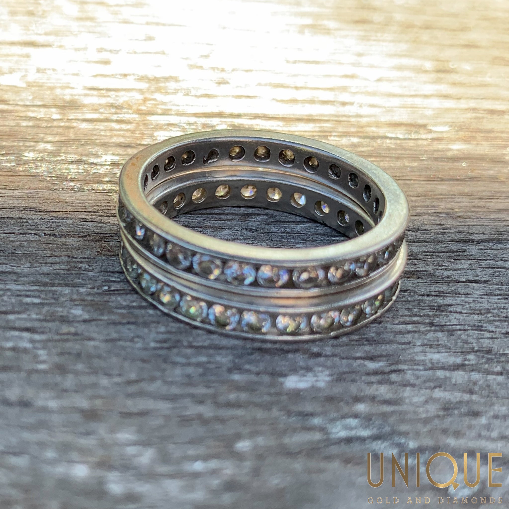 Vintage Sterling Silver CZ Two Band Ring Set Unique Gold Diamonds