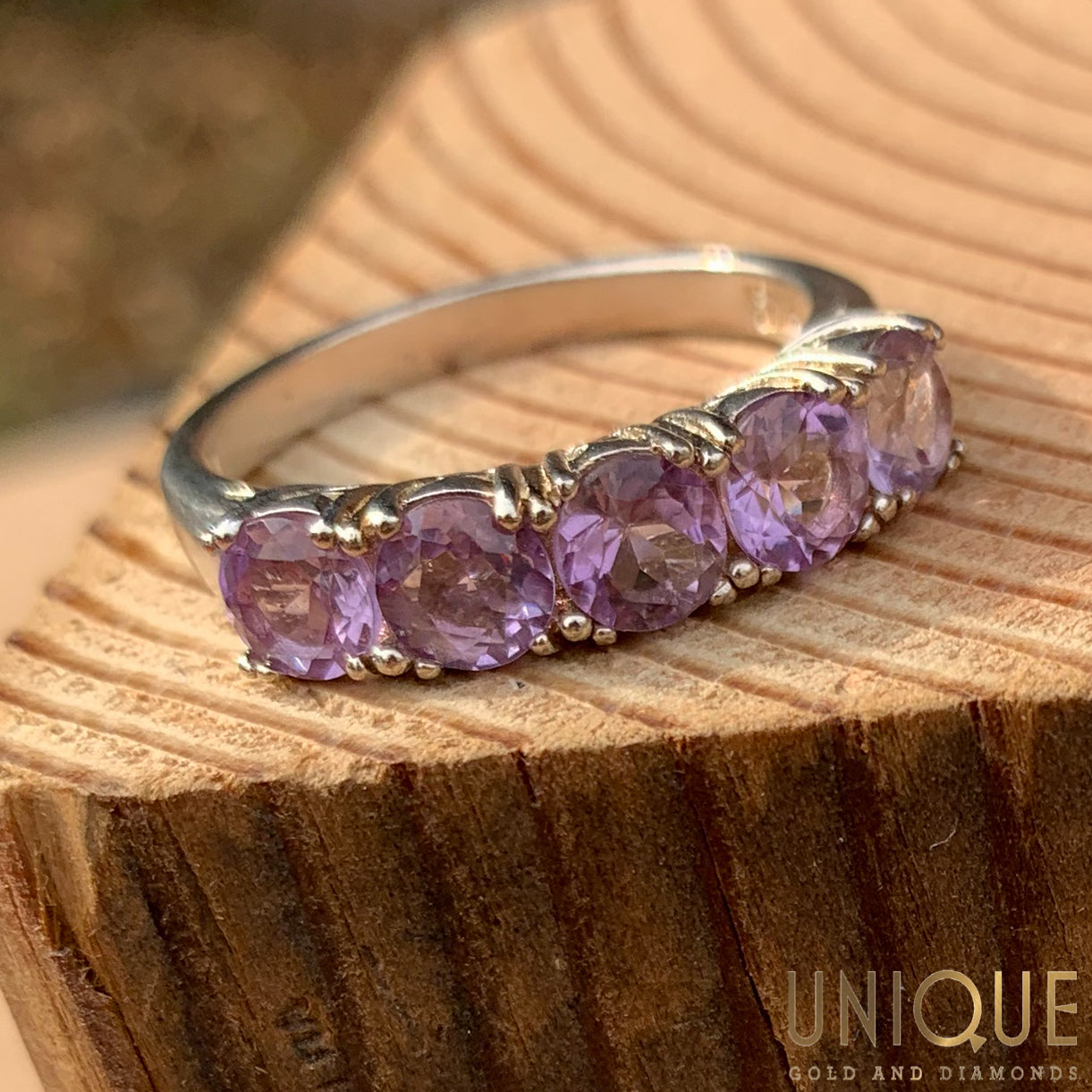 Vintage Sterling Silver Five Pink Tourmaline Band Ring Unique Gold Diamonds