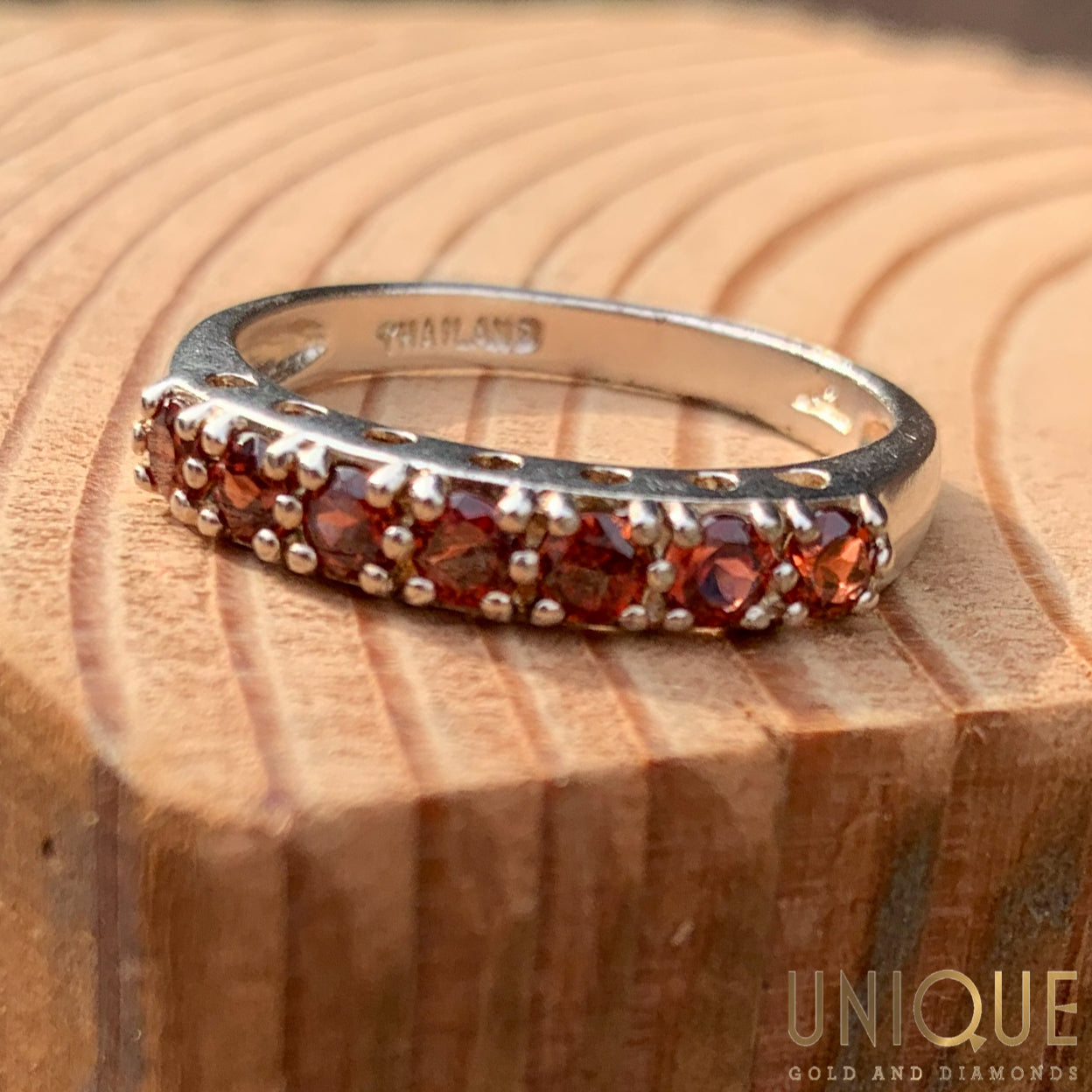 Vintage Sterling Silver Five Stone Garnet Band Unique Gold