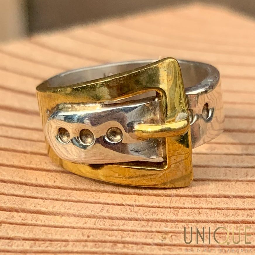 Vintage Sterling Silver Gold Plated Belt Buckle Ring Unique Gold