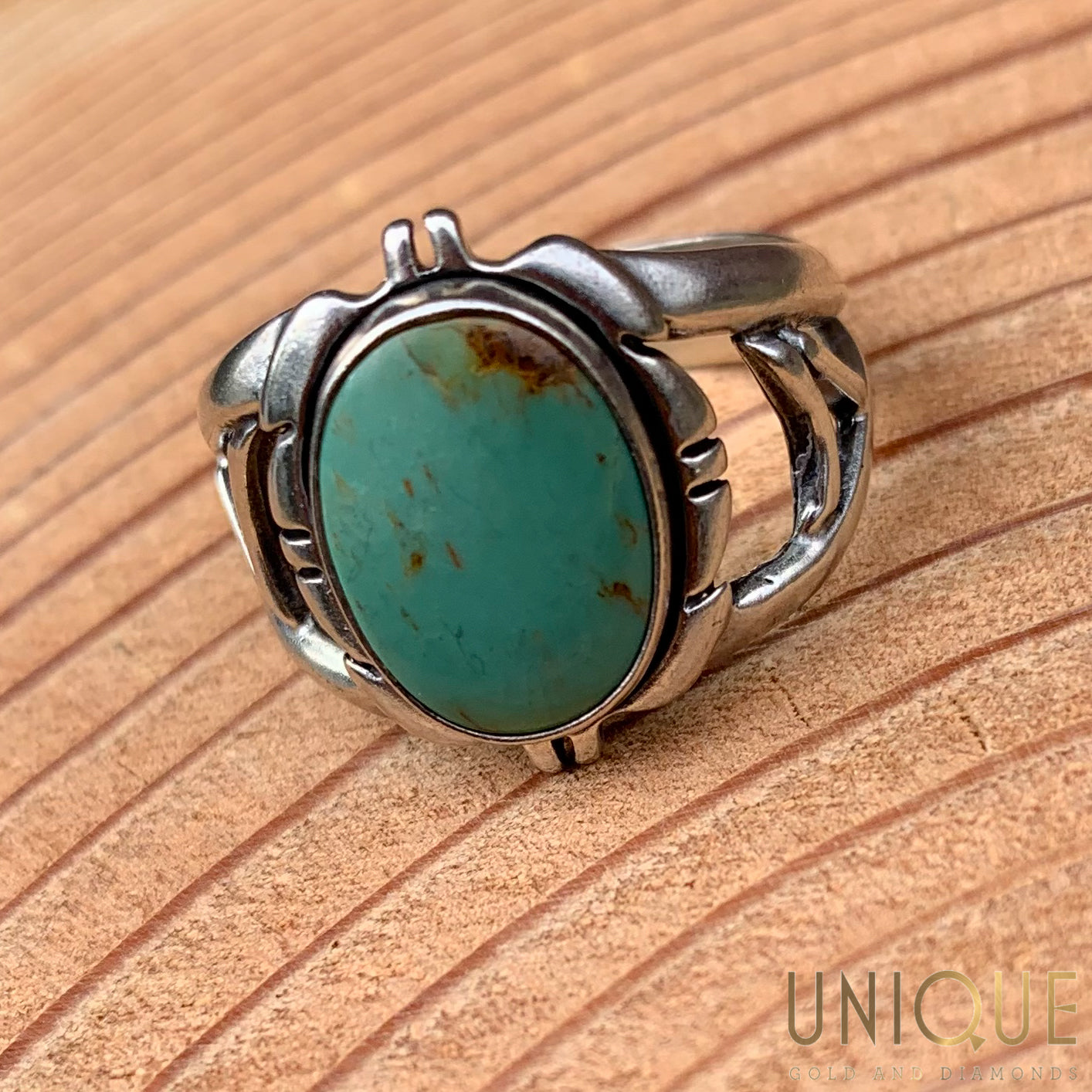 Vintage Sterling Silver Greener Turquoise Ring Unique Gold