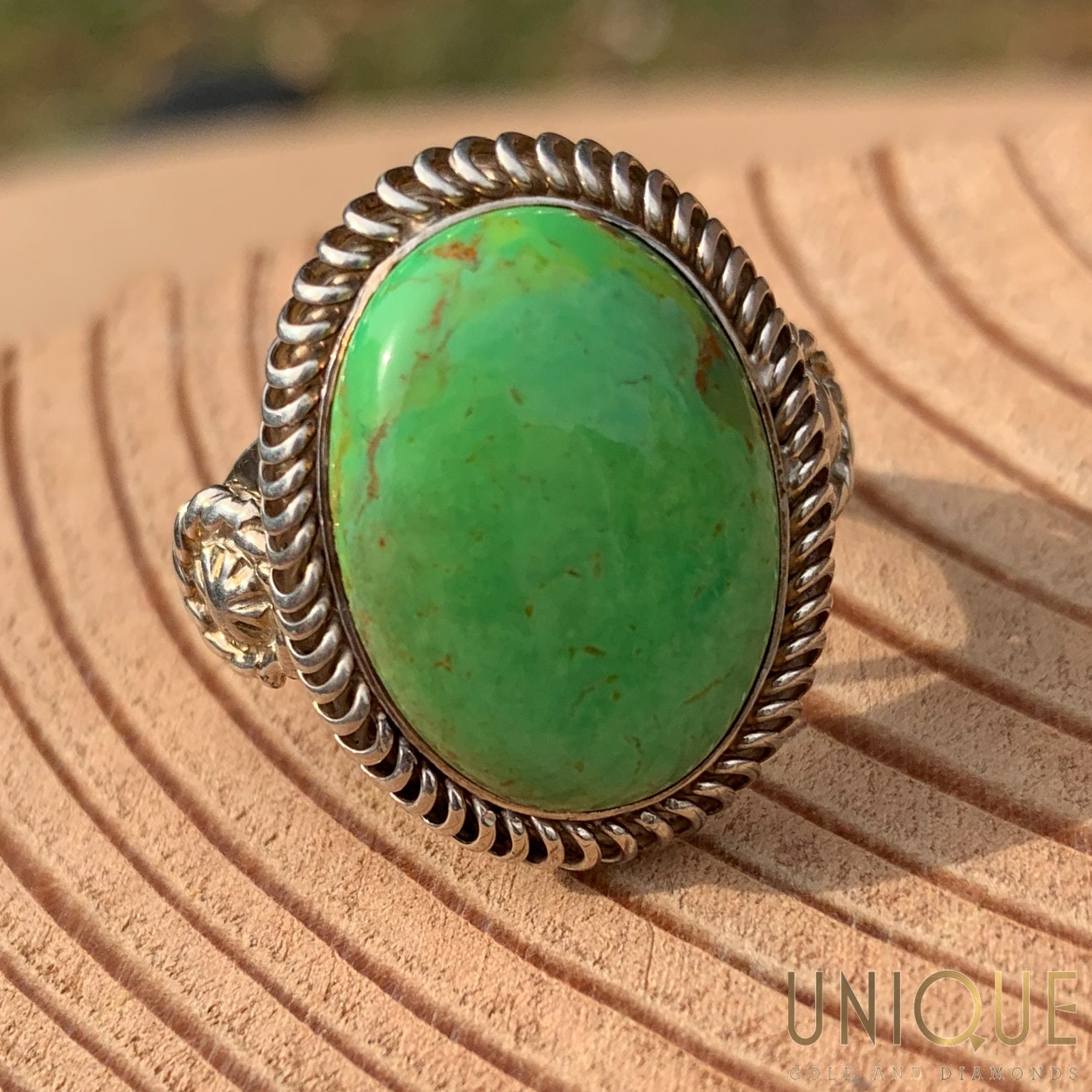 Vintage Sterling Silver Large Green Stone Ring Unique Gold