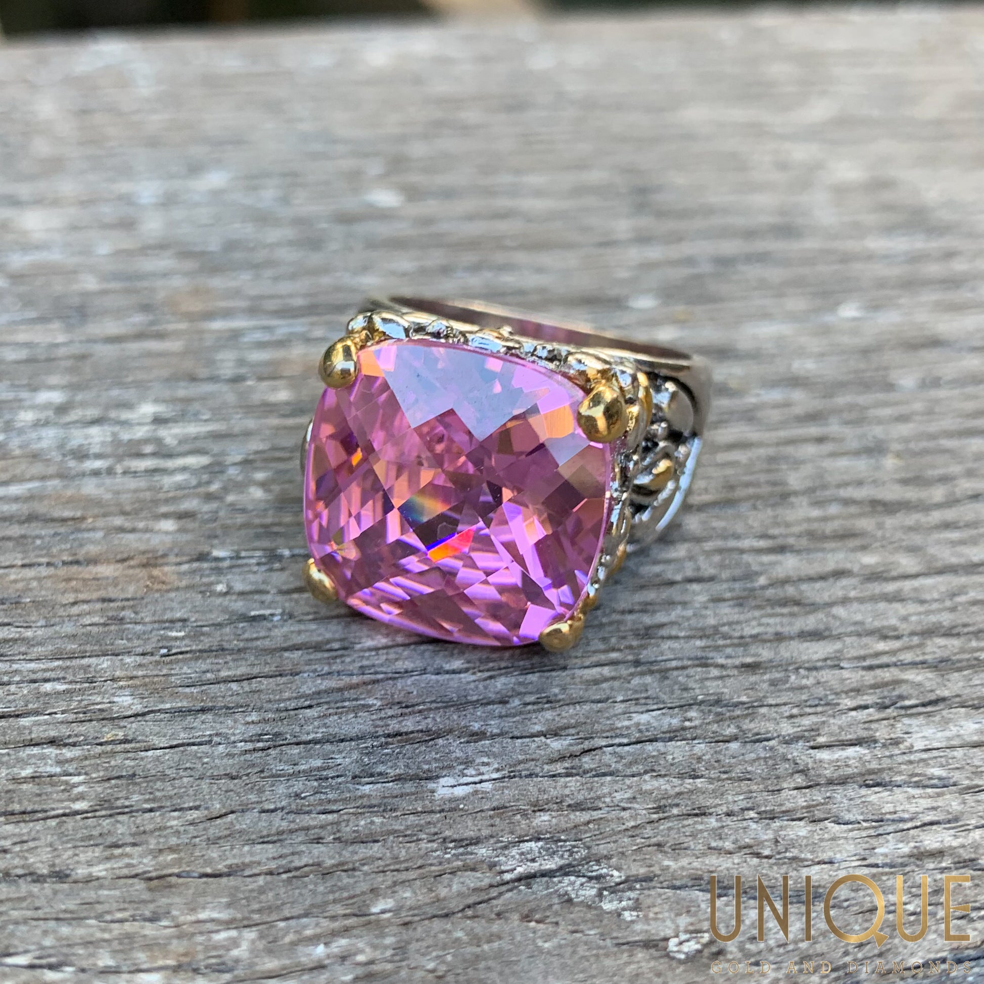 Vintage Sterling Silver Large Pink Topaz Ring Unique Gold Diamonds