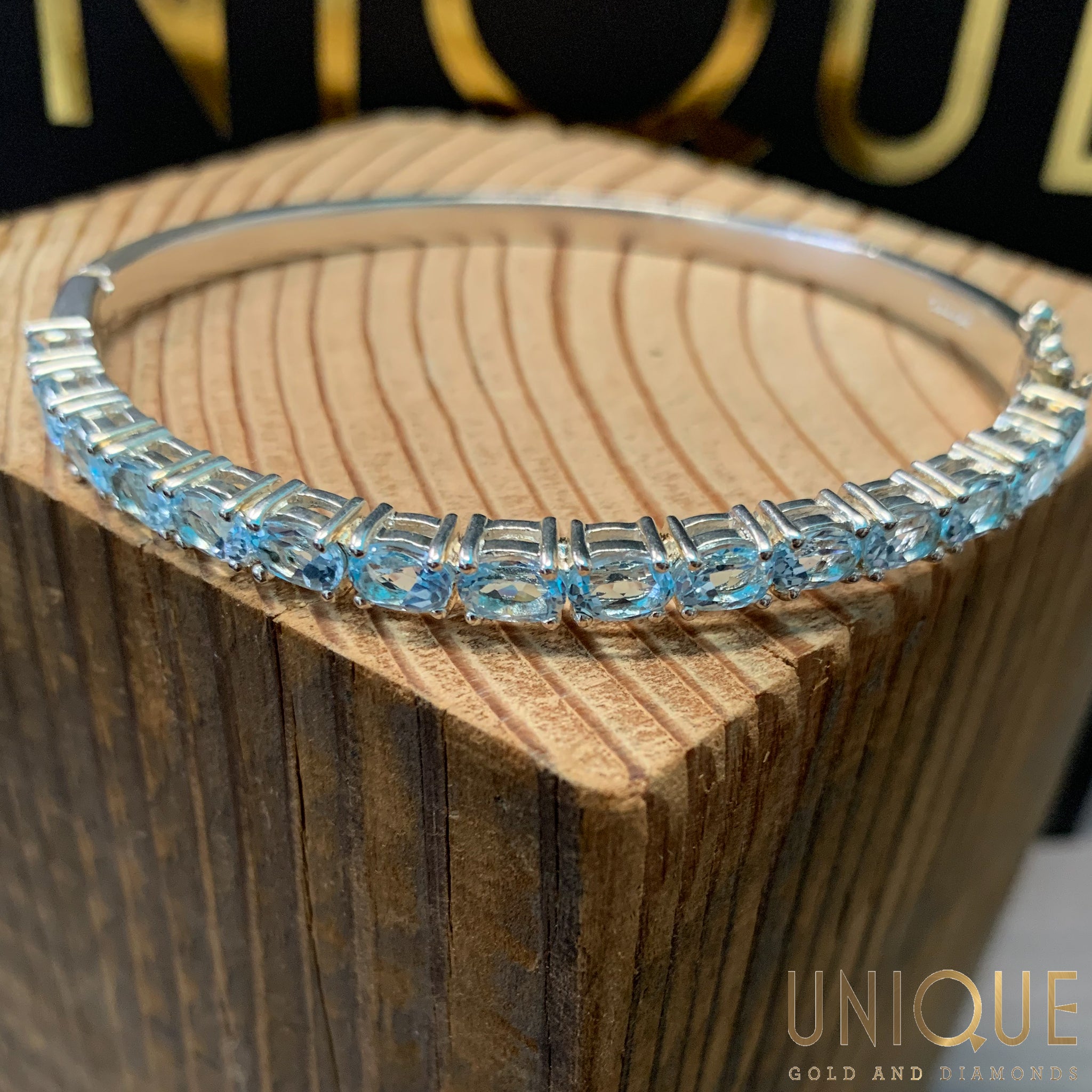 Vintage Sterling Silver Light Blue Topaz Bangle Unique Gold Diamonds
