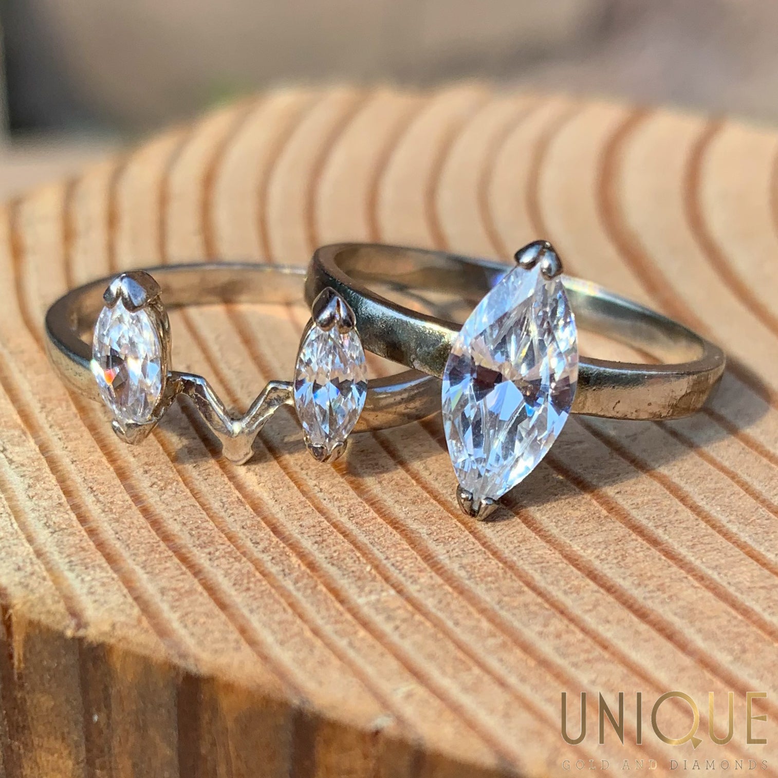 Vintage Sterling Silver Marquise Cut CZ Two Band Set Unique Gold