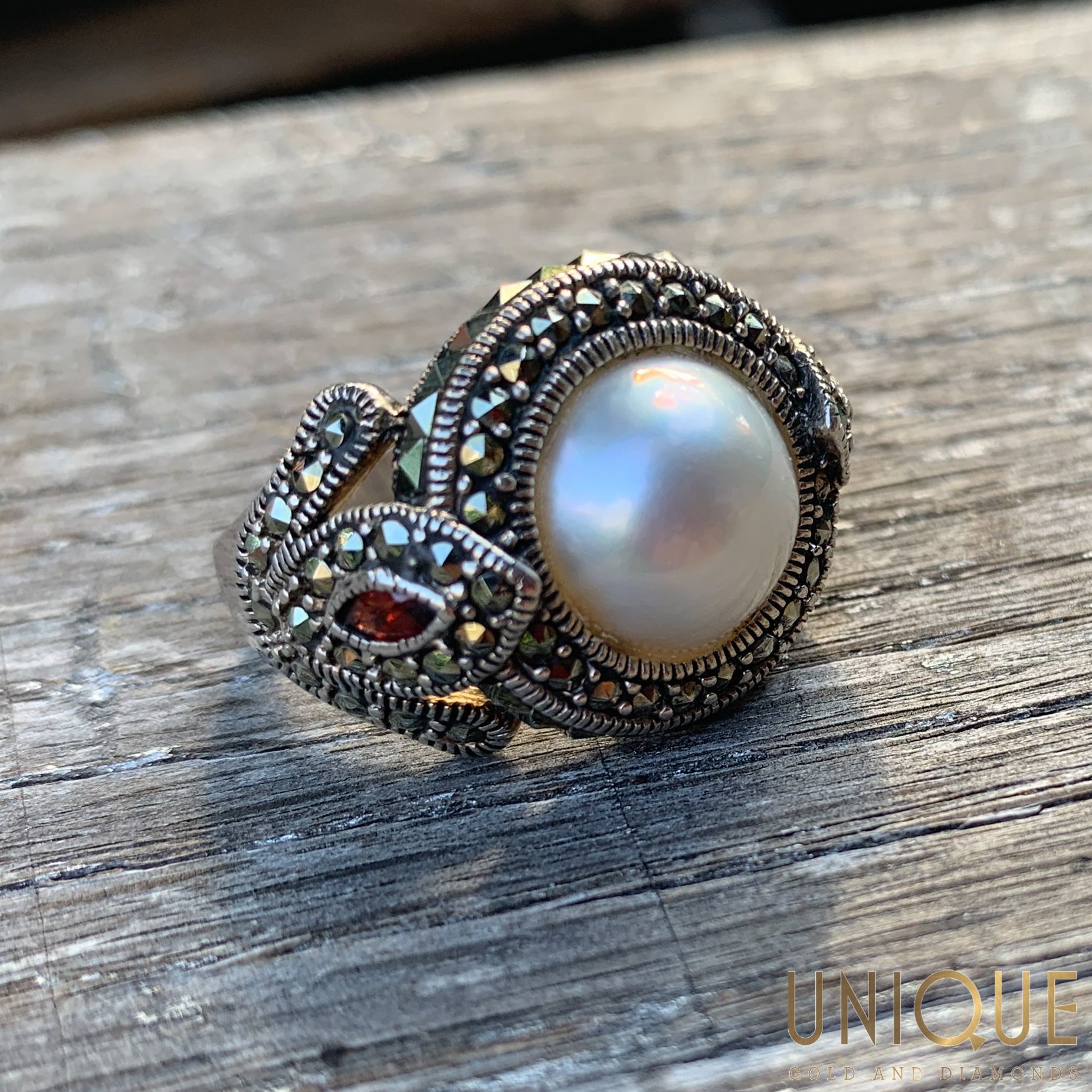 Vintage Sterling Silver Marquisette And Garnet With Half Pearl Unique Gold Diamonds