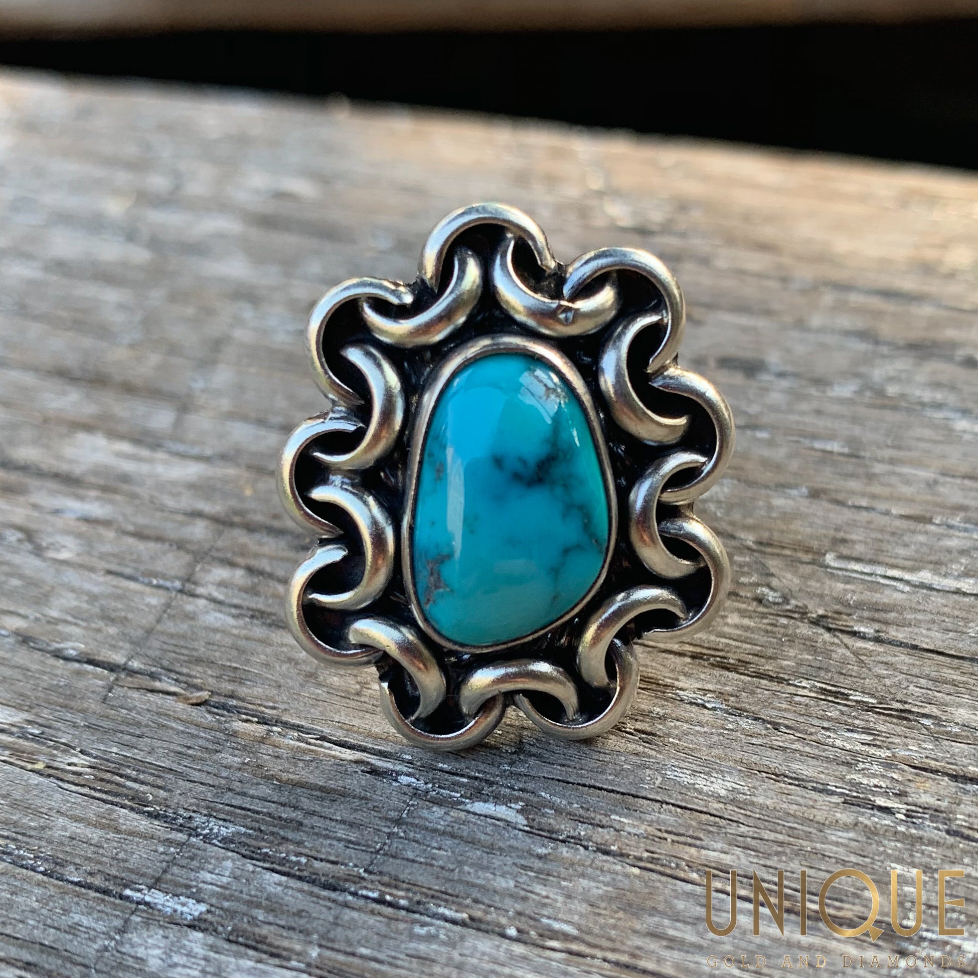 Vintage Sterling Silver Turquoise Ring Unique Gold Diamonds