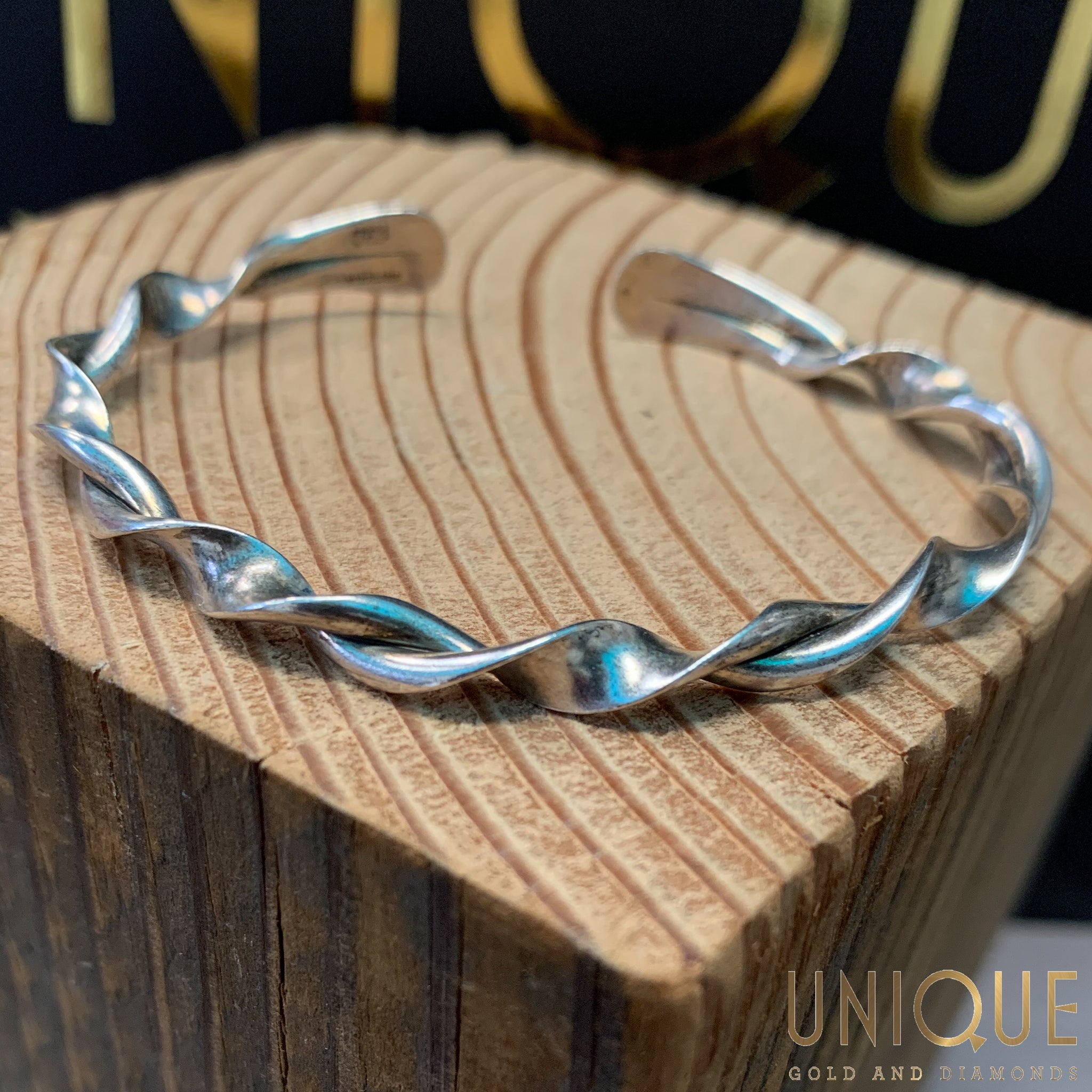 Vintage Sterling Silver Twisted Bracelet Unique Gold Diamonds